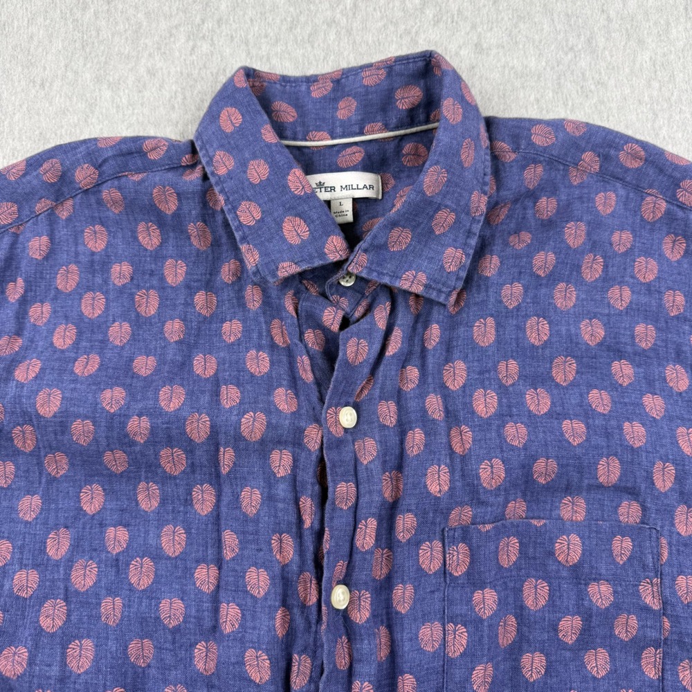 Peter Millar Shirt Mens Large Blue Floral 100% Linen Short Sleeve Button Up - Picture 2 of 9
